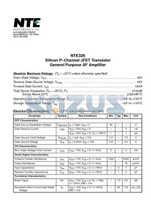 NTE326 datasheet - Silicon P-Channel JFET Transistor General Purpose AF Amplifier