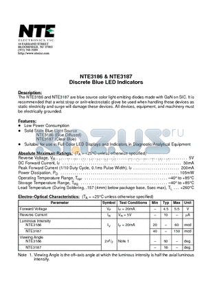 NTE3186 datasheet - Discrete Blue LED Indicators