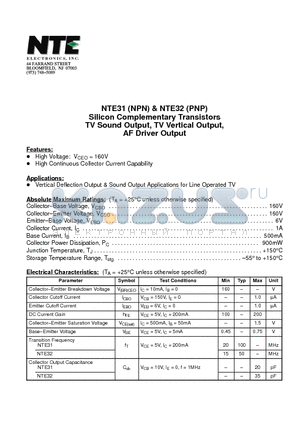 NTE32 datasheet - Silicon Complementary Transistors TV Sound Output, TV Vertical Output, AF Driver Output