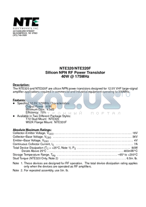 NTE320 datasheet - Silicon NPN RF Power Transistor 40W @ 175MHz