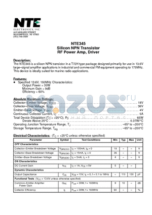 NTE345 datasheet - Silicon NPN Transistor RF Power Amp, Driver