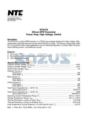 NTE379 datasheet - Silicon NPN Transistor Power Amp, High Voltage, Switch