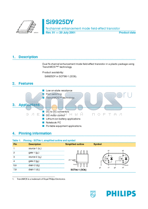 SI9925DY datasheet - N-channel enhancement mode field-effect transistor