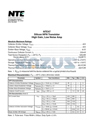 NTE47 datasheet - Silicon NPN Transistor High Gain, Low Noise Amp