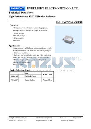 93-21UYC/S530-XX/TR8 datasheet - High Performance SMD LED with Reflector