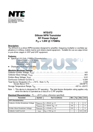 NTE472 datasheet - Silicon NPN Transistor RF Power Output PO = 1.8W @ 175MHz