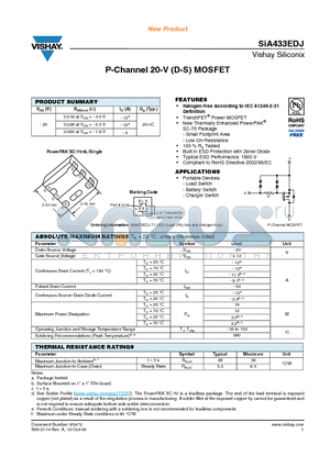 SIA433EDJ-T1-GE3 datasheet - P-Channel 20-V (D-S) MOSFET