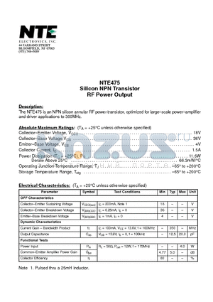 NTE475 datasheet - Silicon NPN Transistor RF Power Output