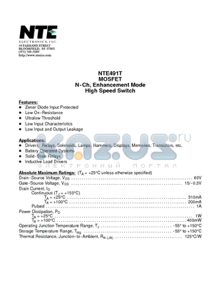 NTE491T datasheet - N-Ch, Enhancement Mode High Speed Switch