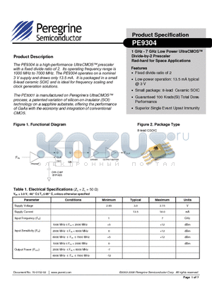 9304-00 datasheet - 1 GHz - 7 GHz Low Power UltraCMOS Divide-by-2 Prescaler Rad-hard for Space Applications