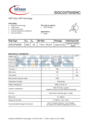 SIGC03T60SNC datasheet - IGBT Chip in NPT-technology 600V NPT technology 100lm chip