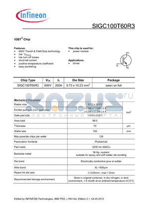 SIGC100T60R3 datasheet - 600V Trench & Field Stop technology positive temperature coefficient