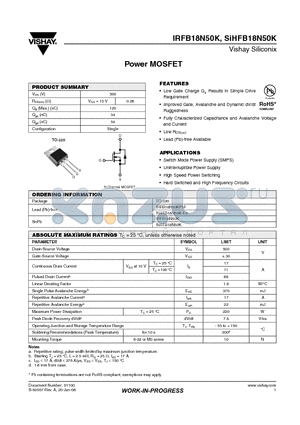 SIHFB18N50K-E3 datasheet - Power MOSFET