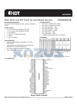 932S421BFLF datasheet - PCIe Gen2 and QPI Clock for Intel-Based Servers