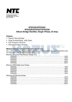 NTE5322 datasheet - NTE5326/NTE5327/NTE5328 Silicon Bridge Rectifier, Single-Phase, 25 Amp