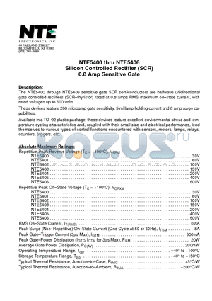 NTE5402 datasheet - Silicon Controlled Rectifier (SCR) 0.8 Amp Sensitive Gate