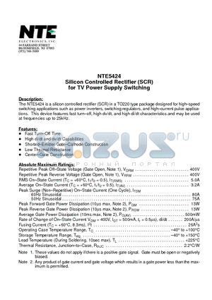 NTE5424 datasheet - Silicon Controlled Rectifier (SCR) for TV Power Supply Switching