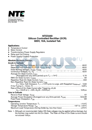 NTE5440 datasheet - Silicon Controlled Rectifier (SCR) 800V, 10A, Isolated Tab