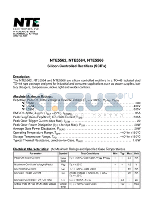 NTE5562 datasheet - Silicon Controlled Rectifiers (SCRs)