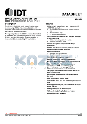 92HD91 datasheet - SINGLE CHIP PC AUDIO SYSTEM