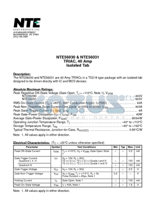 NTE56030 datasheet - TRIAC, 40 Amp Isolated Tab