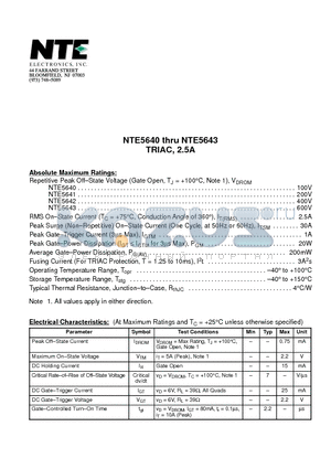 NTE5640 datasheet - TRIAC, 2.5A