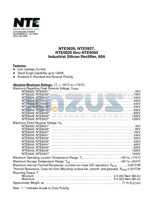 NTE5926 datasheet - Industrial Silicon Rectifier, 60A