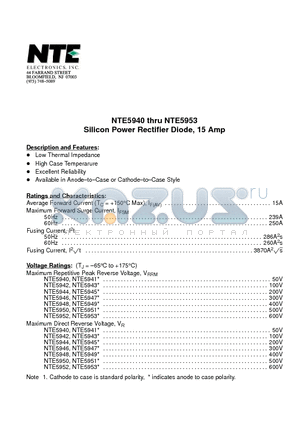 NTE5953 datasheet - Silicon Power Rectifier Diode, 15 Amp