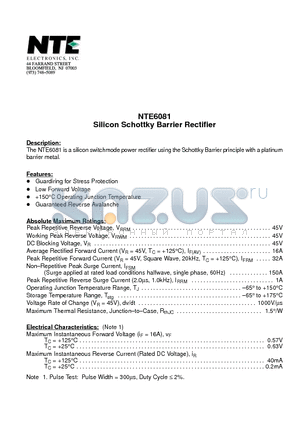 NTE6081 datasheet - Silicon Schottky Barrier Rectifier