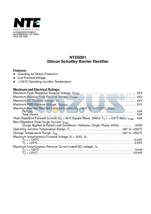 NTE6091 datasheet - Silicon Schottky Barrier Rectifier