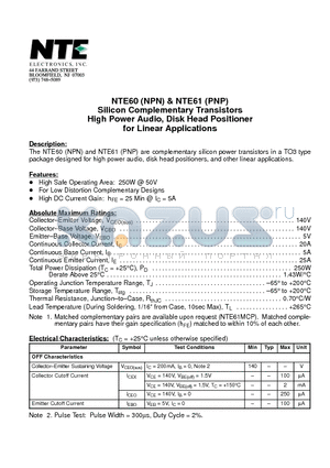 NTE61 datasheet - Silicon Complementary Transistors High Power Audio, Disk Head Positioner for Linear Applications