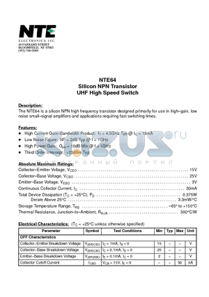 NTE64 datasheet - Silicon NPN Transistor UHF High Speed Switch