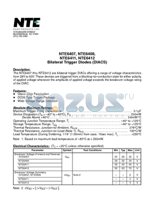 NTE6412 datasheet - Bilateral Trigger Diodes (DIACS)