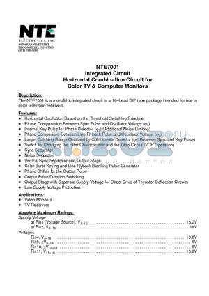 NTE7001 datasheet - Integrated Circuit Horizontal Combination Circuit for Color TV & Computer Monitors