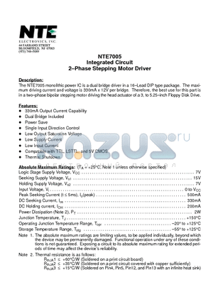 NTE7005 datasheet - Integrated Circuit 2-Phase Stepping Motor Driver