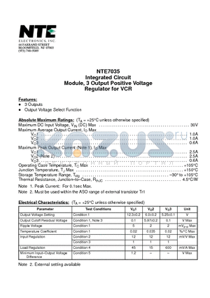 NTE7035 datasheet - Integrated Circuit Module, 3 Output Positive Voltage Regulator for VCR