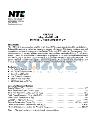 NTE7052 datasheet - Integrated Circuit Mono BTL Audio Amplifier, 3W
