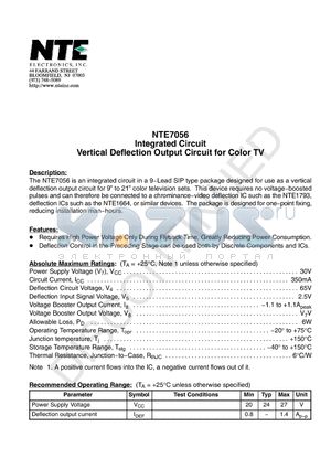 NTE7056 datasheet - Integrated Circuit Vertical Deflection Output Circuit for Color TV