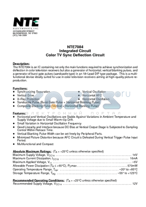 NTE7084 datasheet - Integrated Circuit Color TV Sync Deflection Circuit