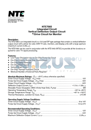 NTE7085 datasheet - Integrated Circuit Vertical Deflection Output Circuit w/Drive Circuit for Monitor