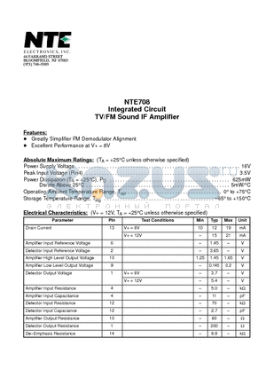 NTE708 datasheet - Integrated Circuit TV/FM Sound IF Amplifier