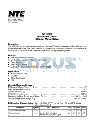 NTE7082 datasheet - Integrated Circuit Stepper Motor Driver