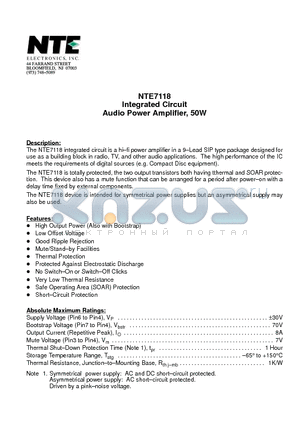 NTE7118 datasheet - Integrated Circuit Audio Power Amplifier, 50W