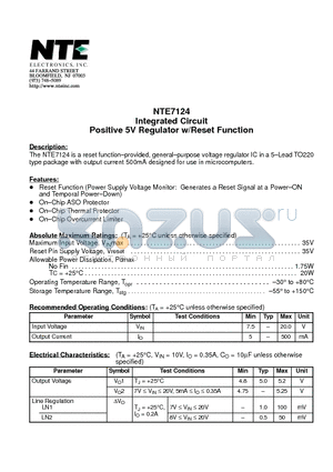 NTE7124 datasheet - Integrated Circuit Positive 5V Regulator w/Reset Function