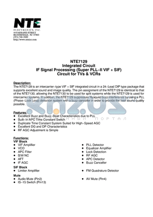 NTE7129 datasheet - Integrated Circuit IF Signal Processing (Super PLL−II VIF  SIF) Circuit for TVs & VCRs