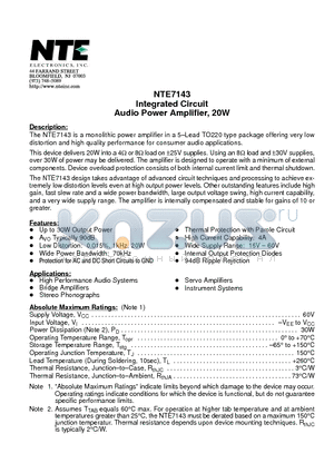 NTE7143 datasheet - Integrated Circuit Audio Power Amplifier, 20W