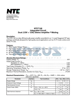 NTE7146 datasheet - Integrated Circuit Dual (12W  12W) Stereo Amplifier w/Muting