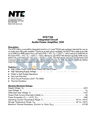 NTE7169 datasheet - Integrated Circuit Audio Power Amplifier, 32W