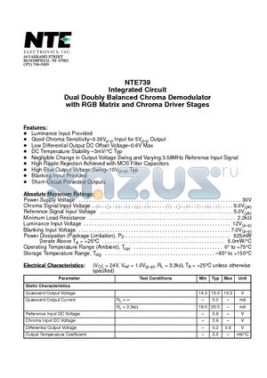 NTE739 datasheet - Integrated Circuit Dual Doubly Balanced Chroma Demodulator with RGB Matrix and Chroma Driver Stages