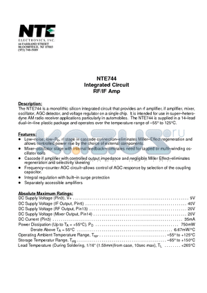 NTE744 datasheet - Integrated Circuit RF/IF Amp